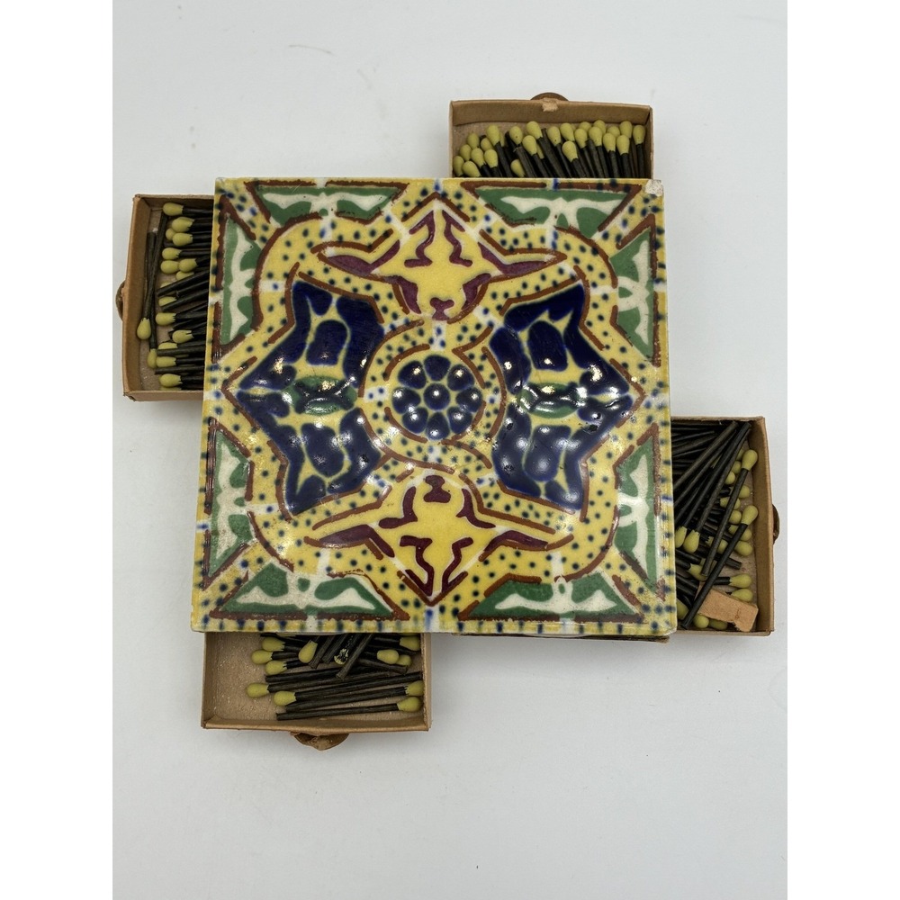 Vintage Talavera Style Ceramic Tile Matchbox Holder with 4 Match Drawers